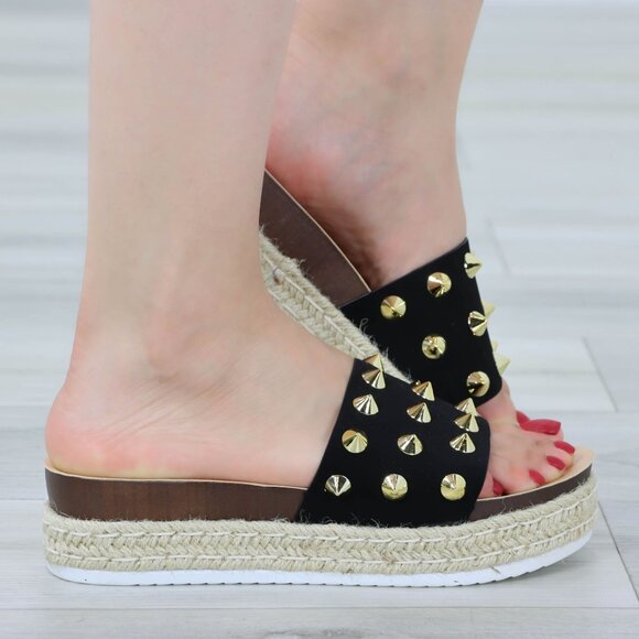 Black Platform Espadrille Sandals Nubuck Gold Metal Stud Sliders - Picture 3 of 11